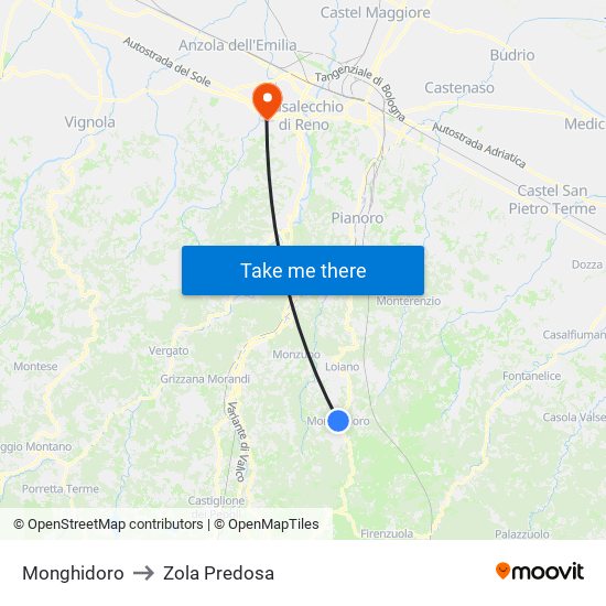 Monghidoro to Zola Predosa map