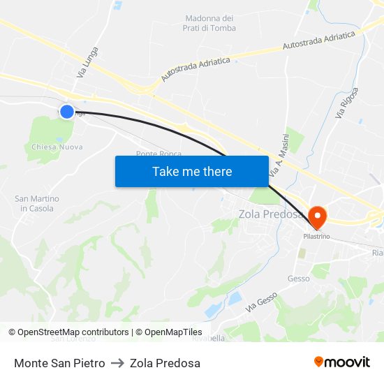 Monte San Pietro to Zola Predosa map