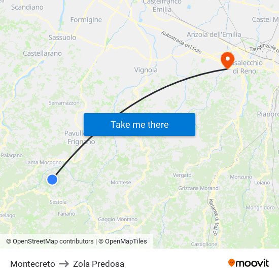 Montecreto to Zola Predosa map