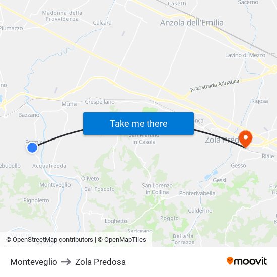 Monteveglio to Zola Predosa map