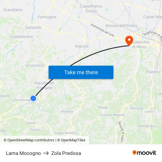 Lama Mocogno to Zola Predosa map