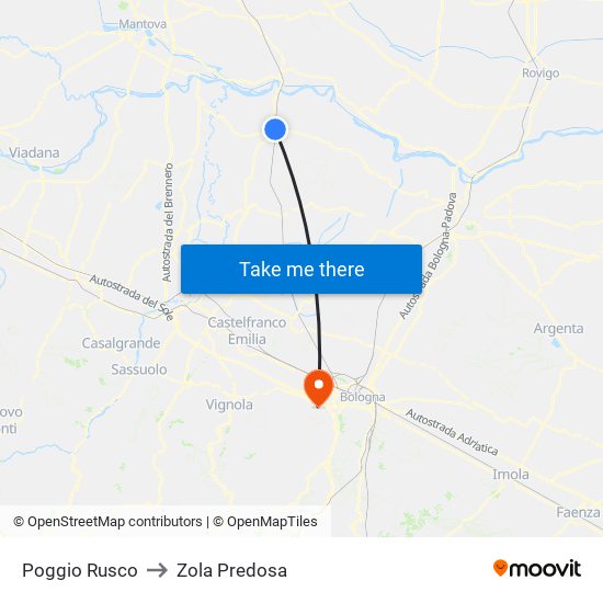 Poggio Rusco to Zola Predosa map