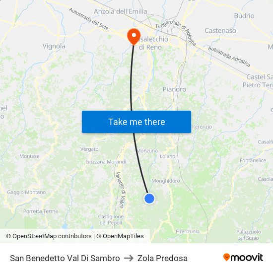 San Benedetto Val Di Sambro to Zola Predosa map