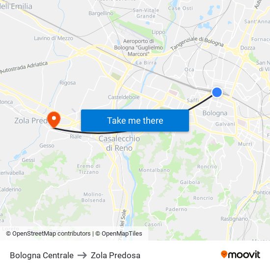 Bologna Centrale to Zola Predosa map