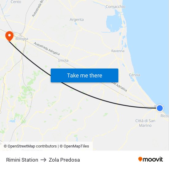 Rimini Station to Zola Predosa map