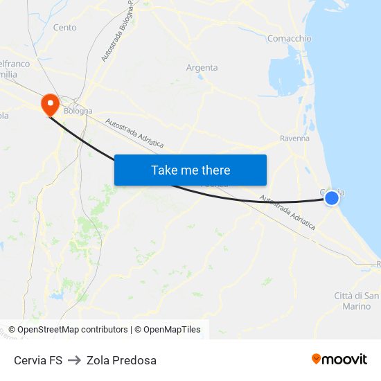 Cervia FS to Zola Predosa map