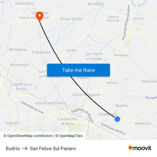 Budrio to San Felice Sul Panaro map