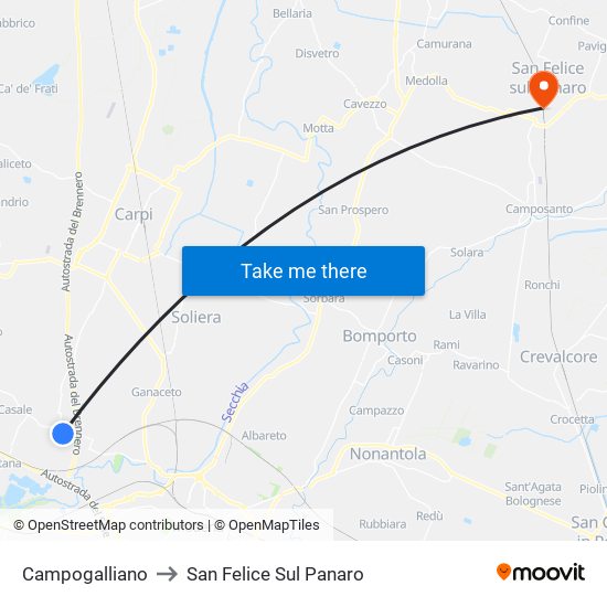 Campogalliano to San Felice Sul Panaro map