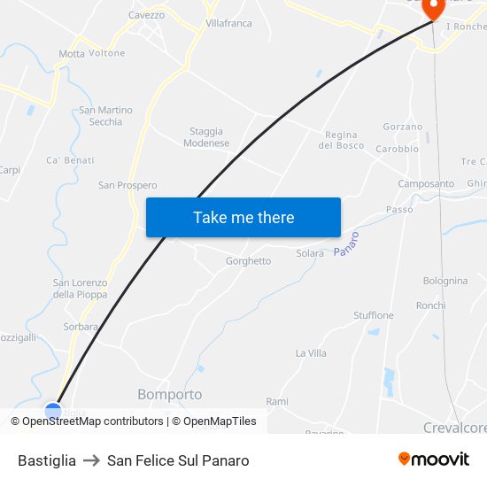 Bastiglia to San Felice Sul Panaro map