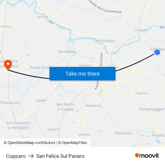 Copparo to San Felice Sul Panaro map