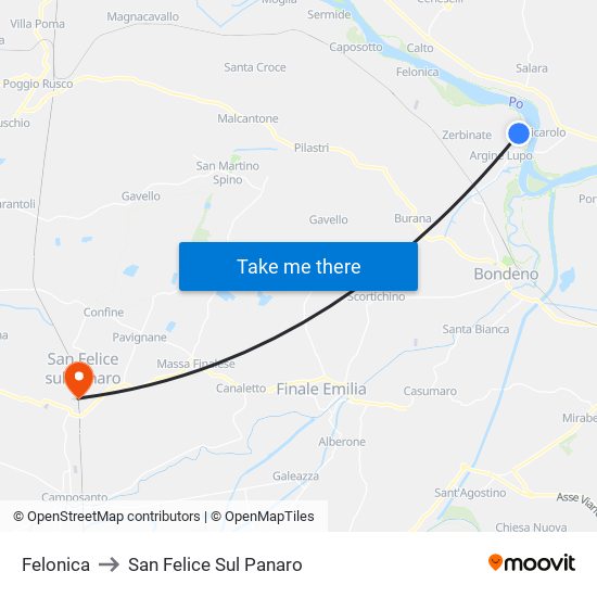 Felonica to San Felice Sul Panaro map
