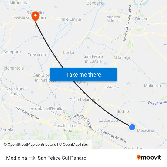 Medicina to San Felice Sul Panaro map
