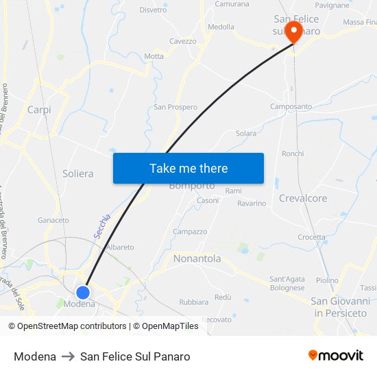 Modena to San Felice Sul Panaro map