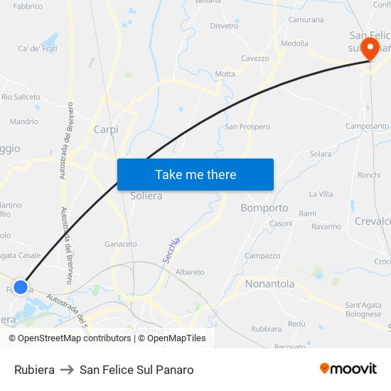 Rubiera to San Felice Sul Panaro map
