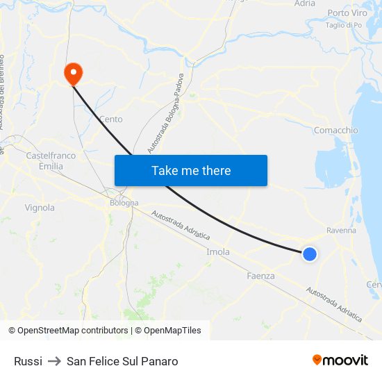 Russi to San Felice Sul Panaro map