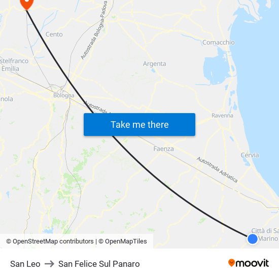 San Leo to San Felice Sul Panaro map