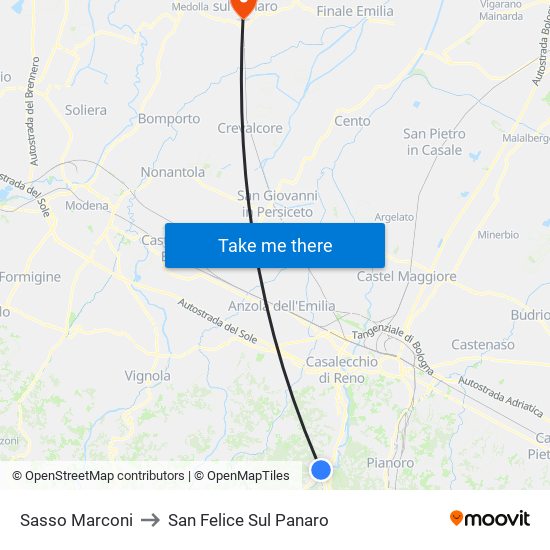 Sasso Marconi to San Felice Sul Panaro map