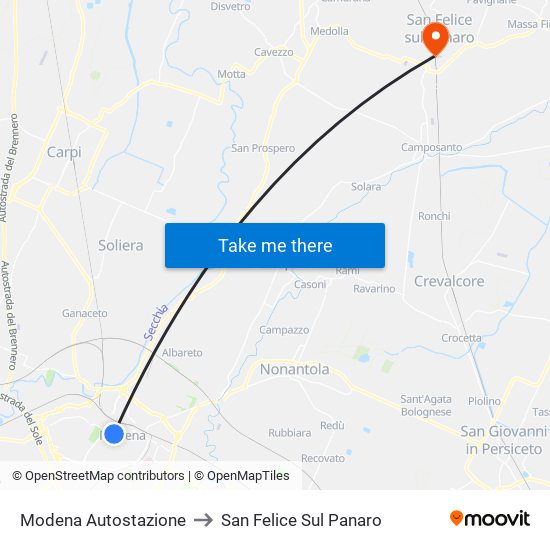 Modena  Autostazione to San Felice Sul Panaro map