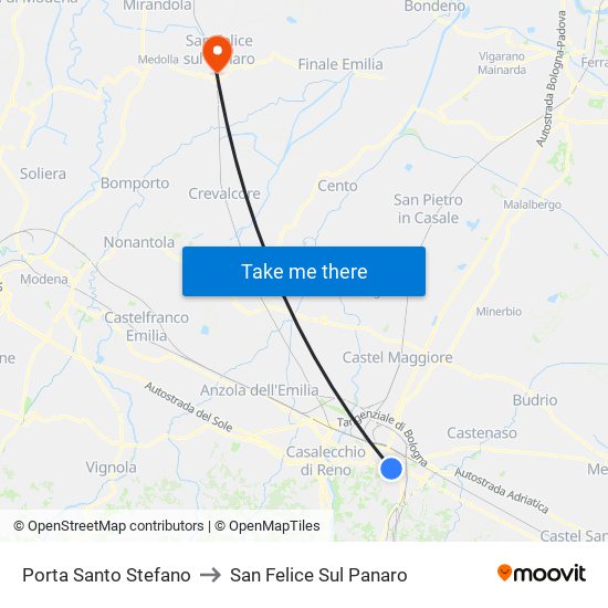 Porta Santo Stefano to San Felice Sul Panaro map