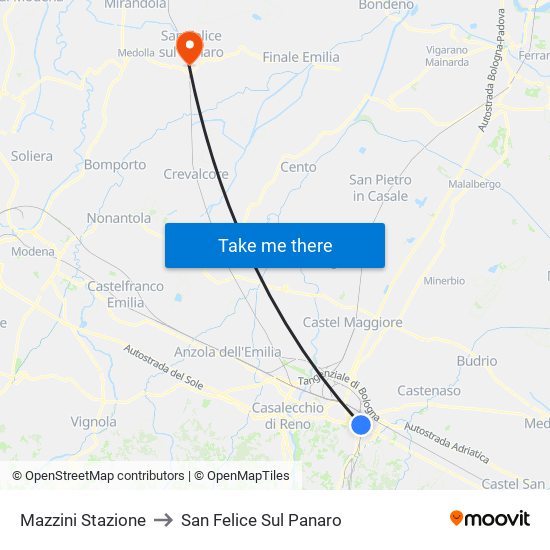 Mazzini Stazione to San Felice Sul Panaro map