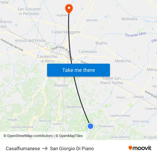 Casalfiumanese to San Giorgio Di Piano map