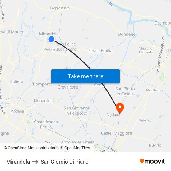 Mirandola to San Giorgio Di Piano map