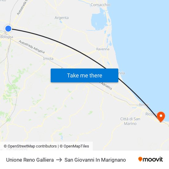 Unione Reno Galliera to San Giovanni In Marignano map