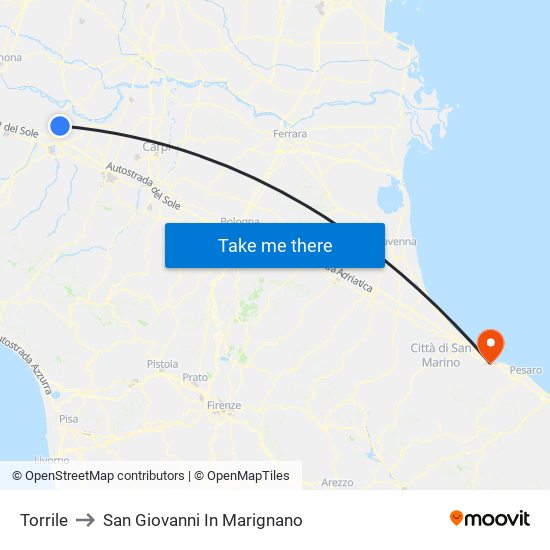 Torrile to San Giovanni In Marignano map