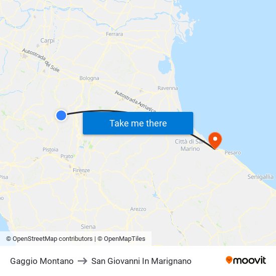 Gaggio Montano to San Giovanni In Marignano map
