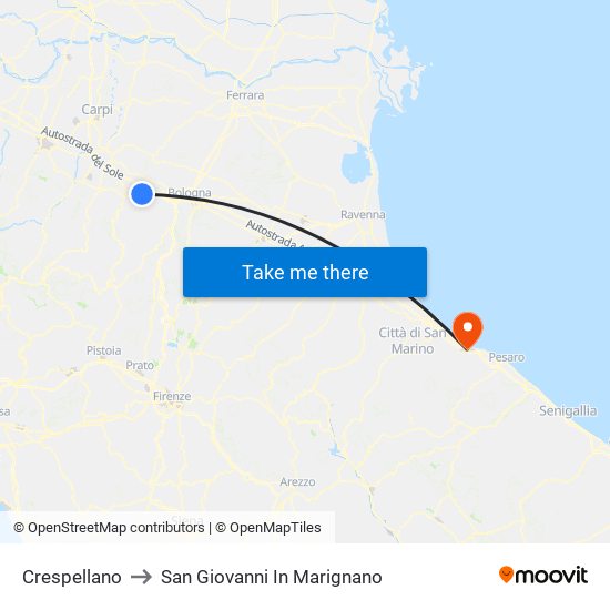 Crespellano to San Giovanni In Marignano map