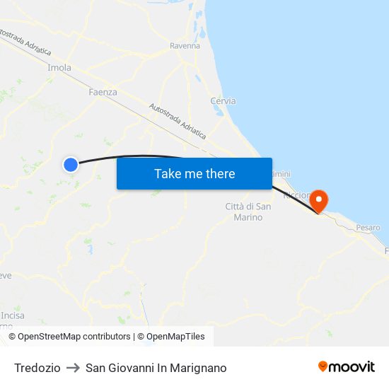 Tredozio to San Giovanni In Marignano map