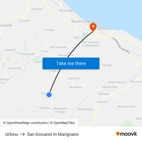 Urbino to San Giovanni In Marignano map