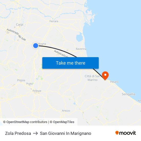 Zola Predosa to San Giovanni In Marignano map