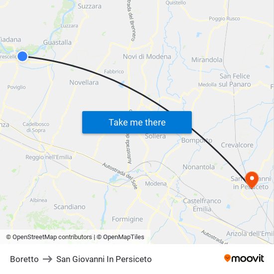 Boretto to San Giovanni In Persiceto map