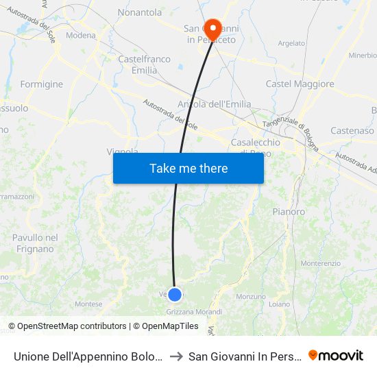 Unione Dell'Appennino Bolognese to San Giovanni In Persiceto map