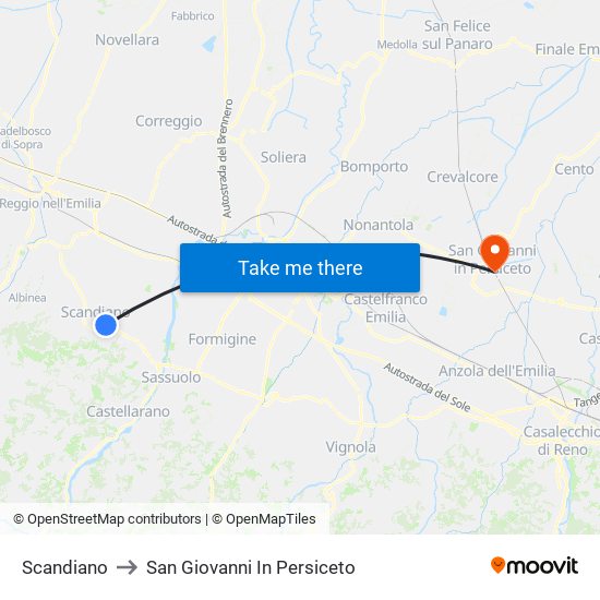 Scandiano to San Giovanni In Persiceto map