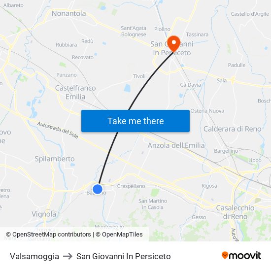 Valsamoggia to San Giovanni In Persiceto map