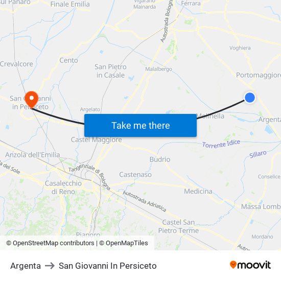 Argenta to San Giovanni In Persiceto map