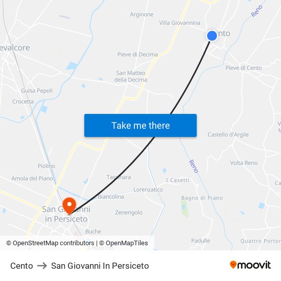 Cento to San Giovanni In Persiceto map