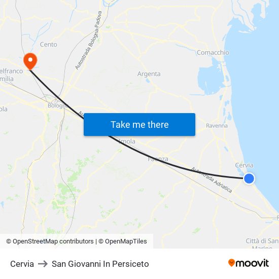 Cervia to San Giovanni In Persiceto map