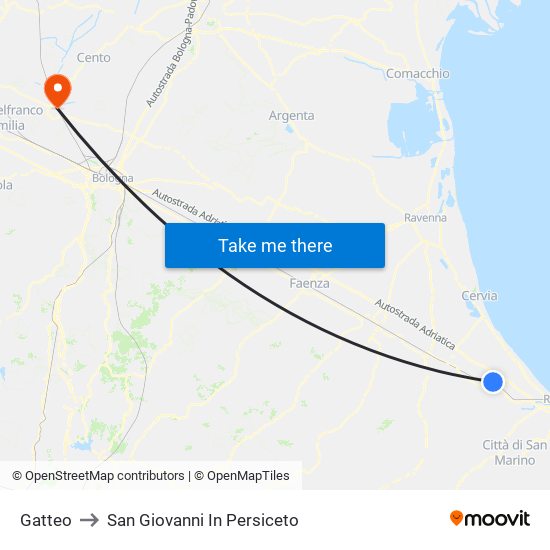 Gatteo to San Giovanni In Persiceto map