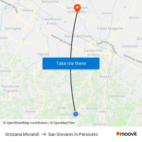 Grizzana Morandi to San Giovanni In Persiceto map