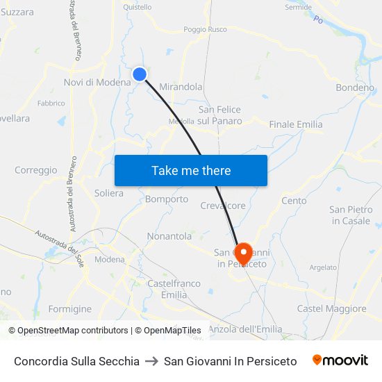 Concordia Sulla Secchia to San Giovanni In Persiceto map