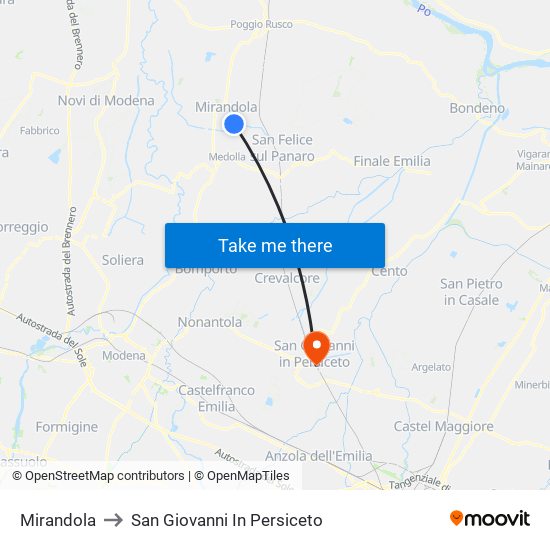 Mirandola to San Giovanni In Persiceto map