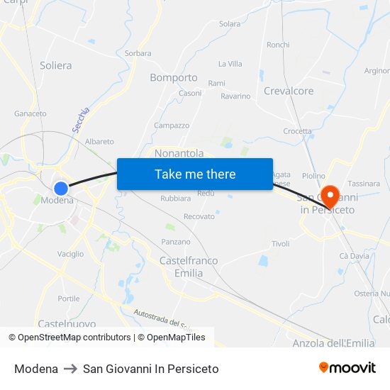 Modena to San Giovanni In Persiceto map