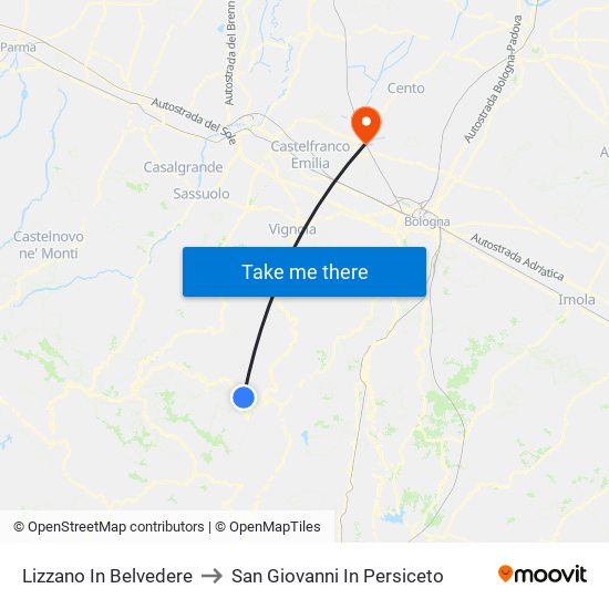 Lizzano In Belvedere to San Giovanni In Persiceto map