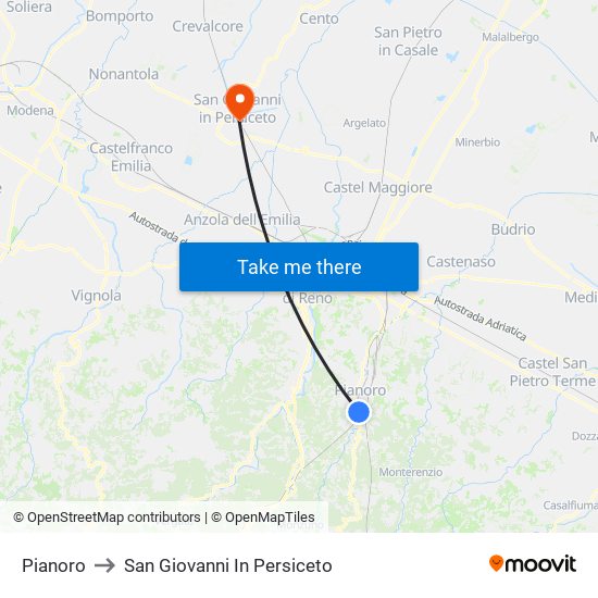 Pianoro to San Giovanni In Persiceto map