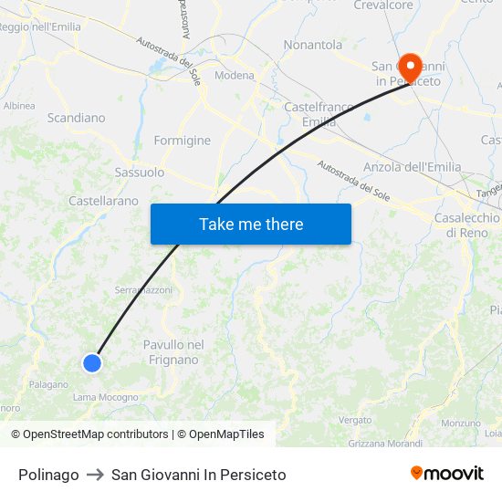Polinago to San Giovanni In Persiceto map