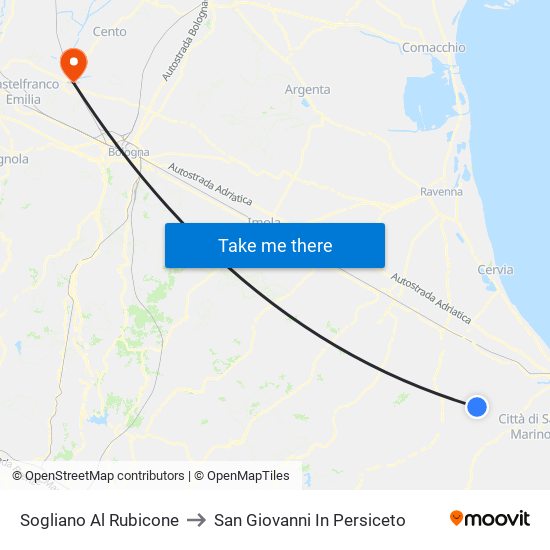 Sogliano Al Rubicone to San Giovanni In Persiceto map