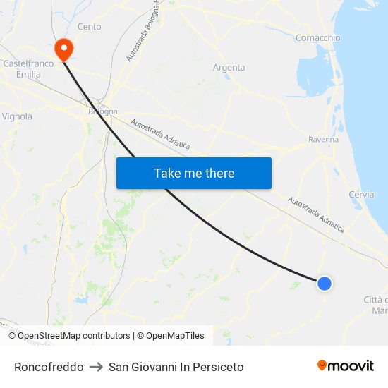 Roncofreddo to San Giovanni In Persiceto map
